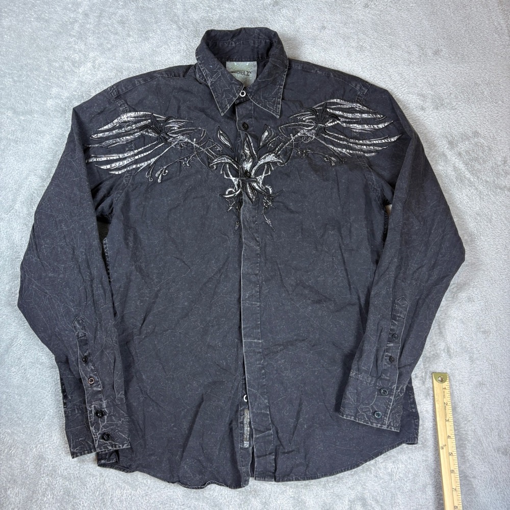 Roar Shirts Mens M Dynasty‎ Embroidered Wing Fleur-De-Lis Black Y2K Rocker